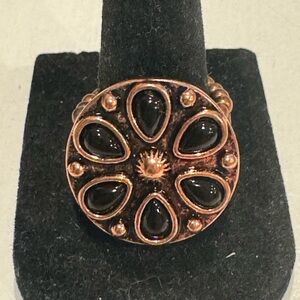 Rose Gold with Black Stone Daisy Statement Ring - One Size Stretch Back